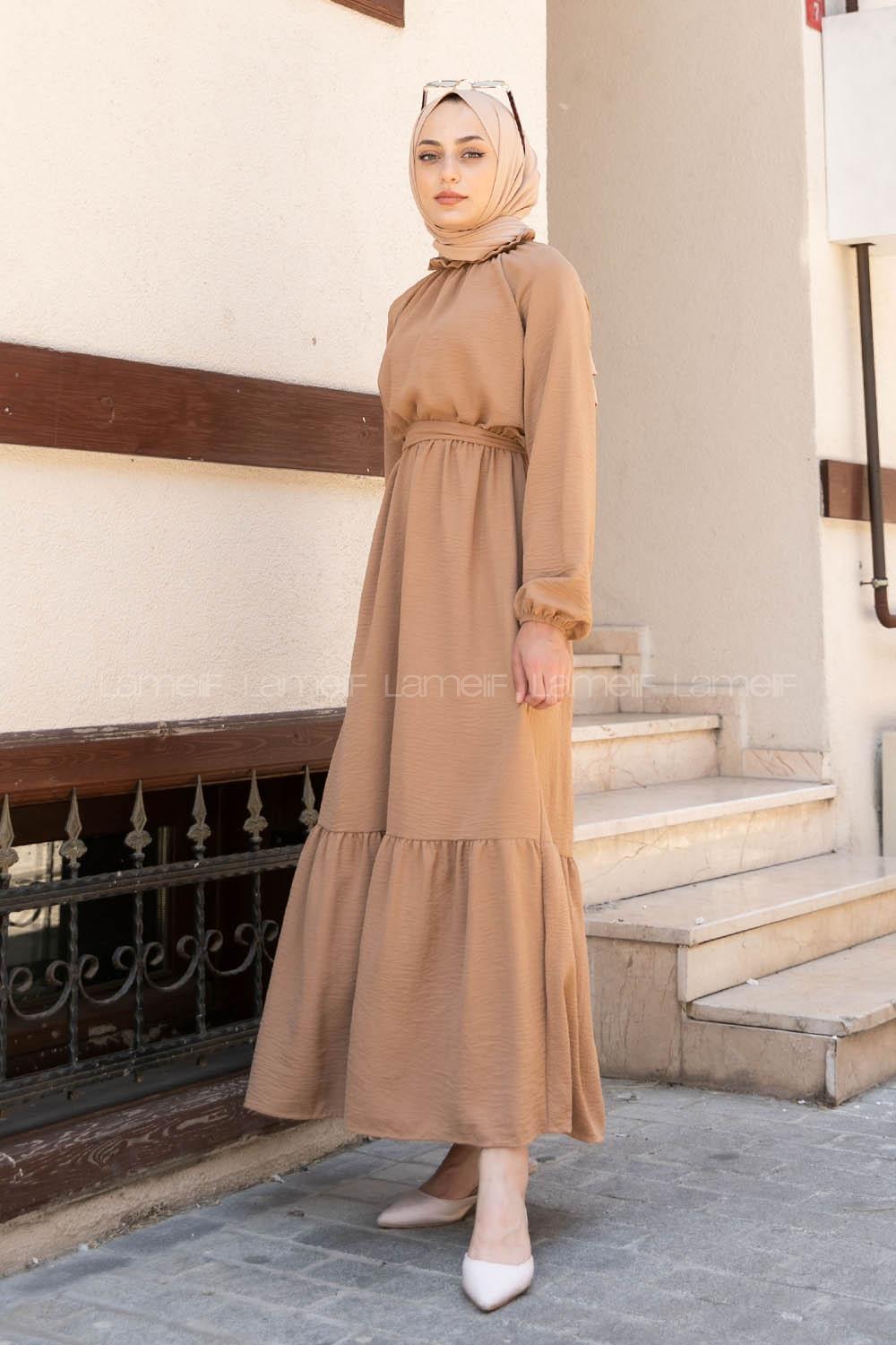 Brown With Milk Foulard Neck Ayrobin Unprinted Dresess