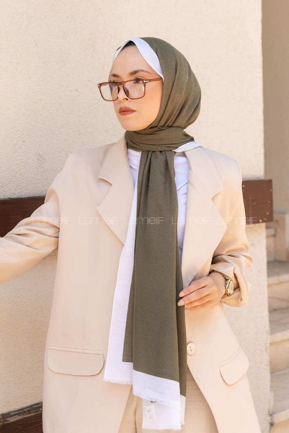 Lamelif Haki Ekru Monogram Şal