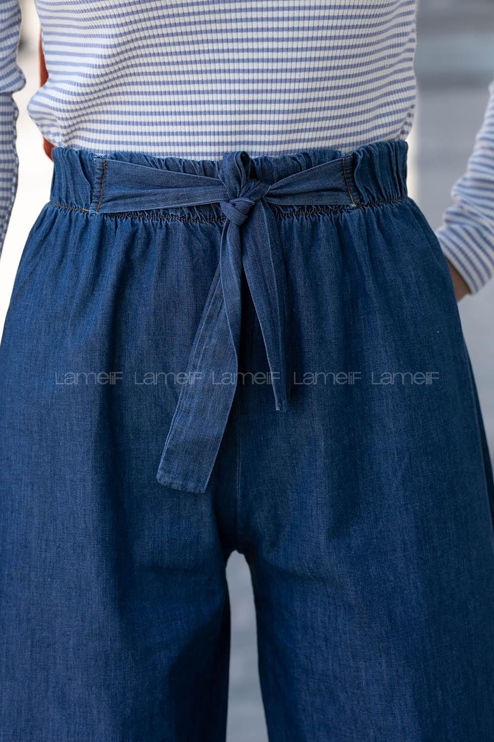 Dark Blue Cotton Elastic Waist Comfortable Pants