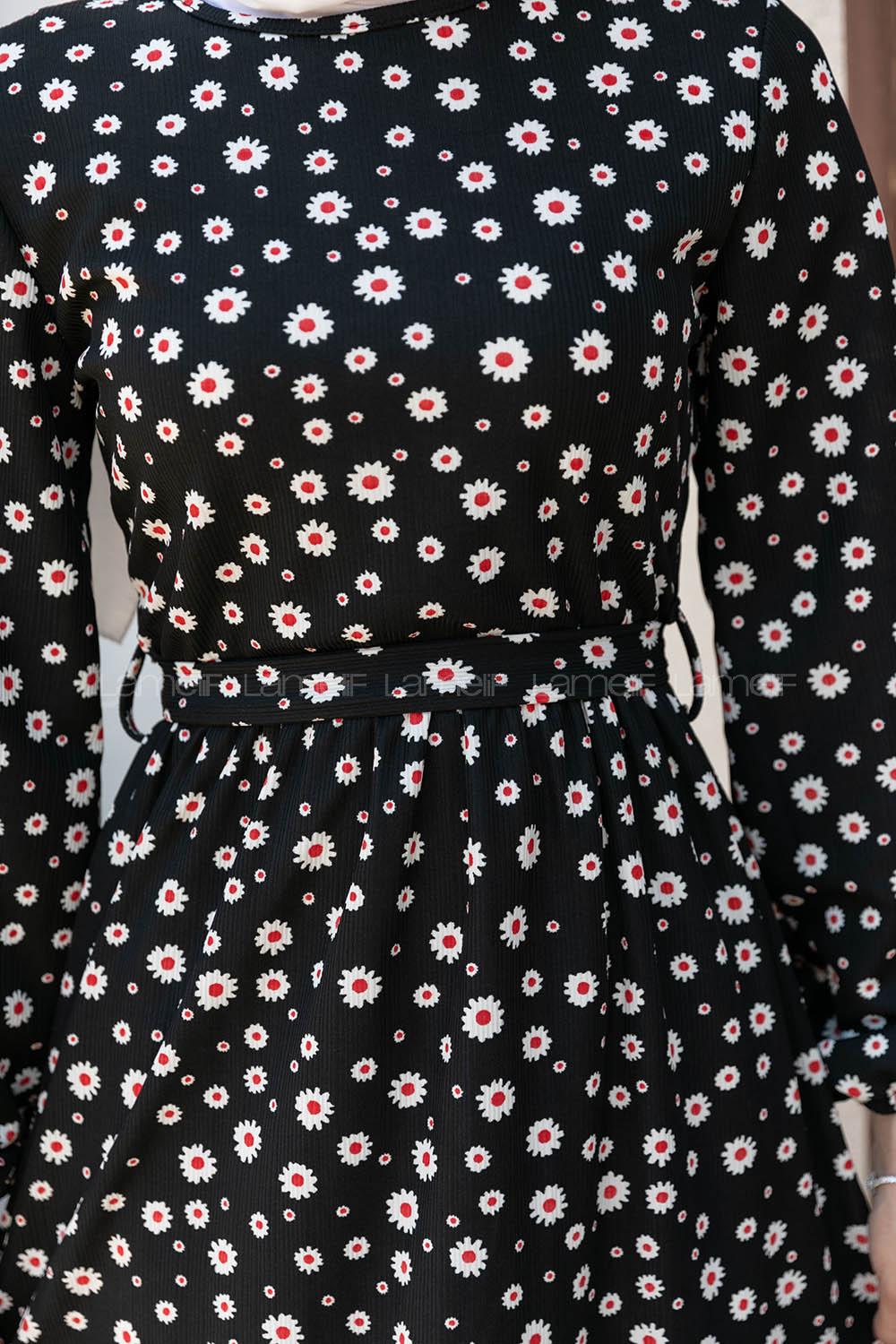 Black Crew Neck Viscose Fabric Printed Dresess