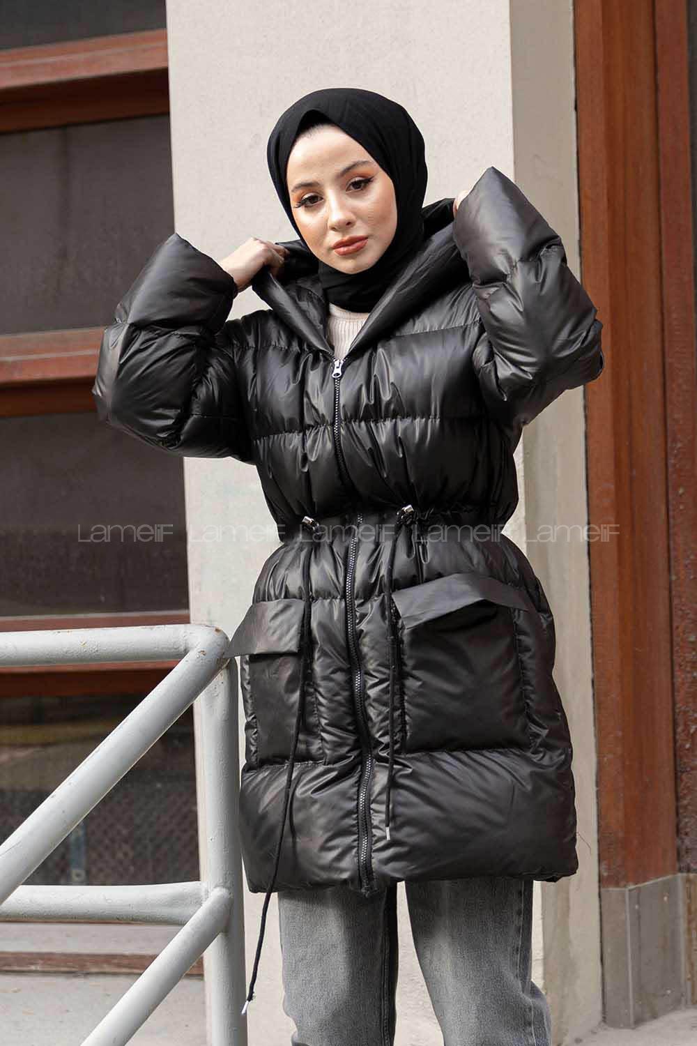 Modalamelif Bel Tünelli Şişme Mont Siyah