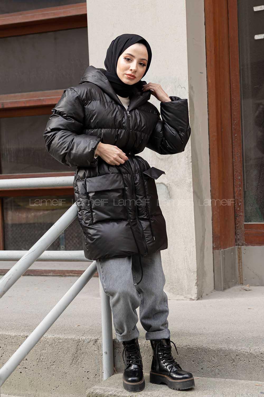 Modalamelif Bel Tünelli Şişme Mont Siyah