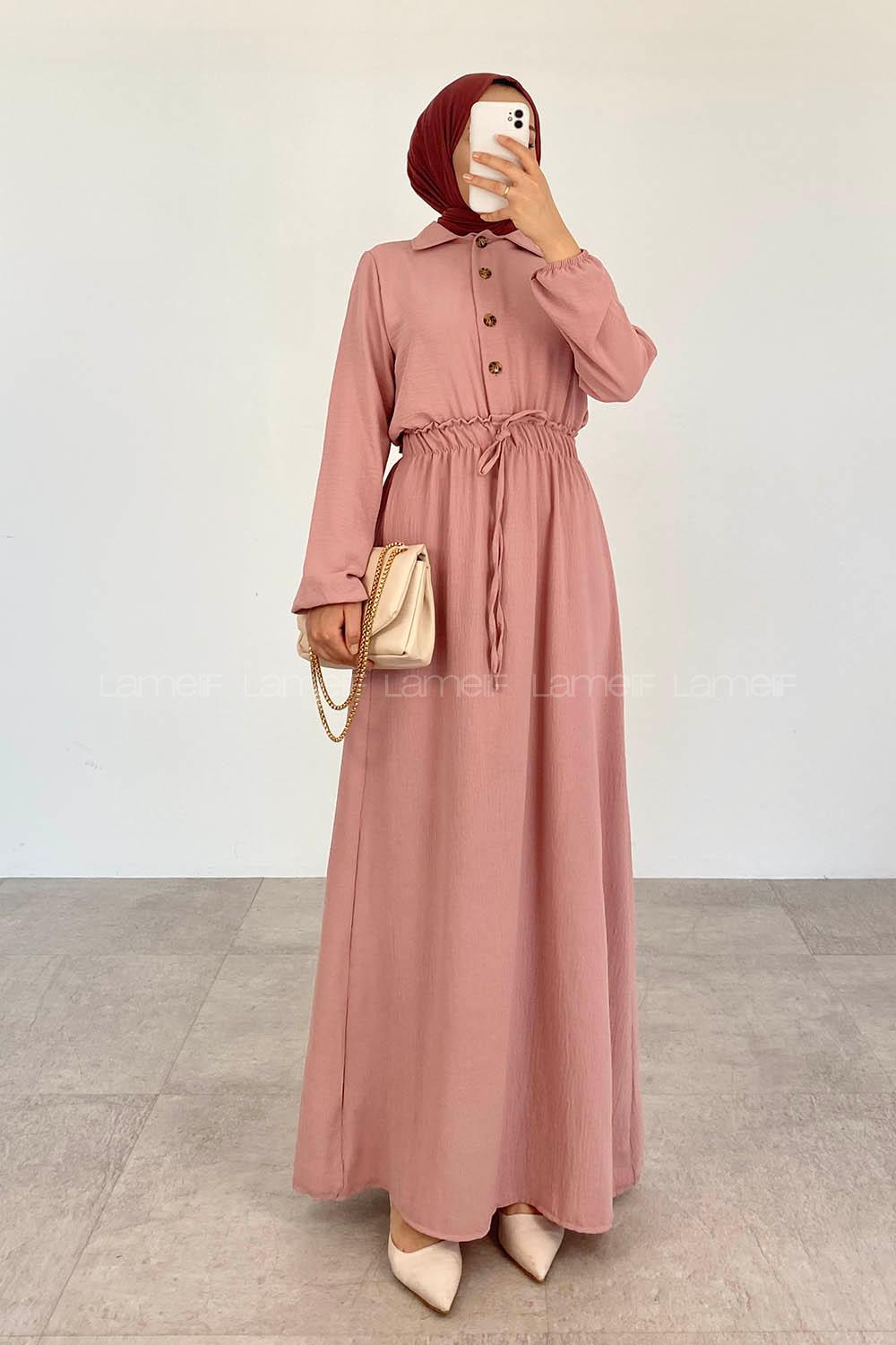 Pink Shirt Collar Cotton Unprinted Dresess