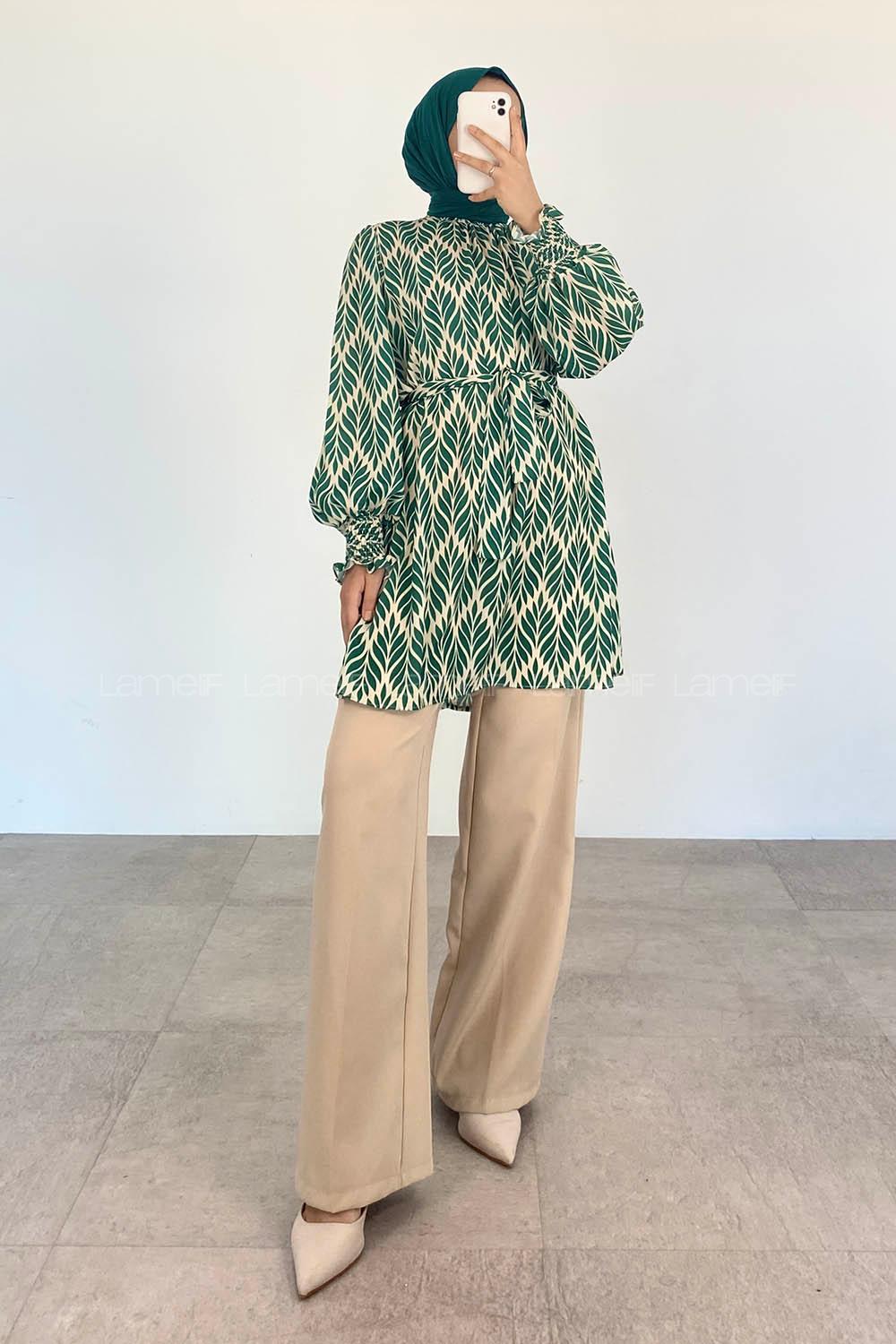 Green Mandarin Collar Viscose Fabric Printed Tunic