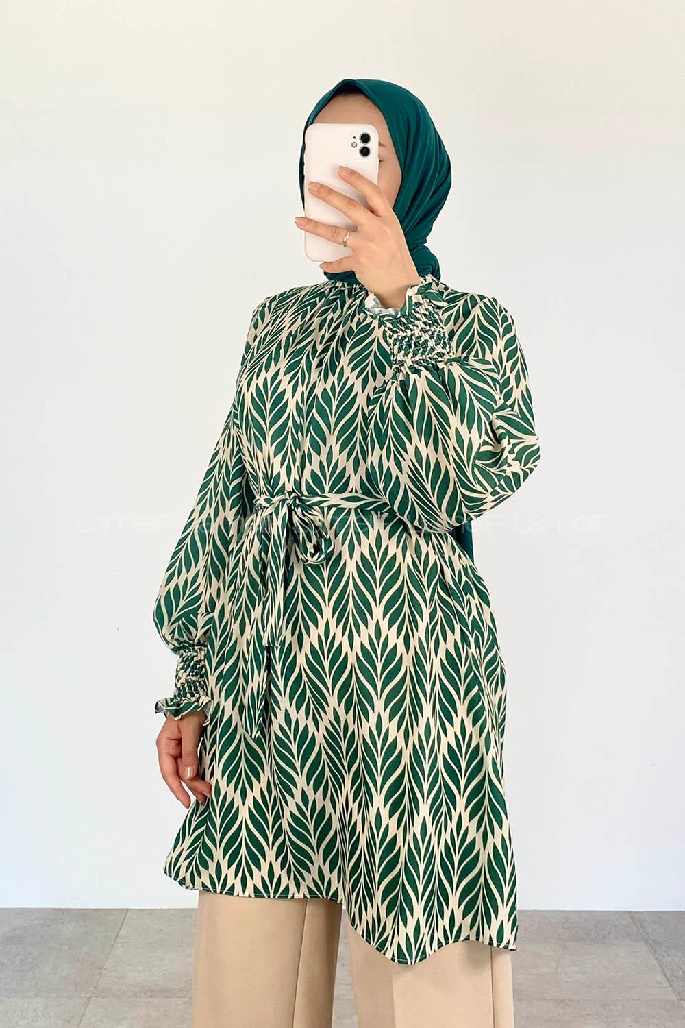 Green Mandarin Collar Viscose Fabric Printed Tunic