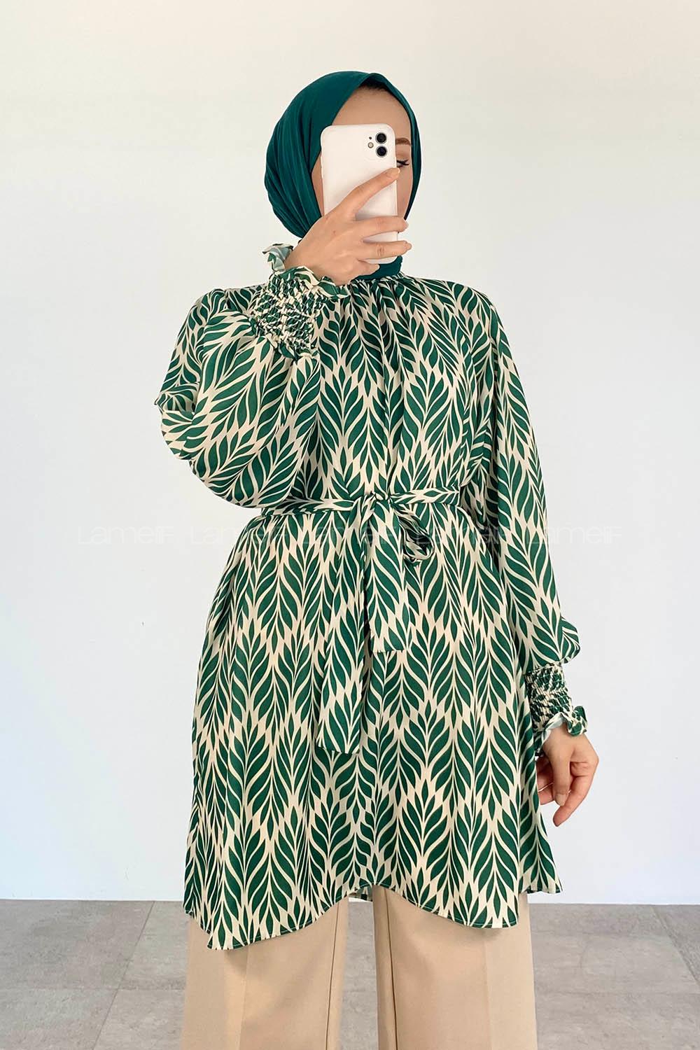 Green Mandarin Collar Viscose Fabric Printed Tunic