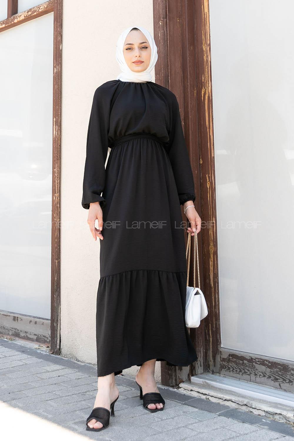 Black Foulard Neck Ayrobin Unprinted Dresess