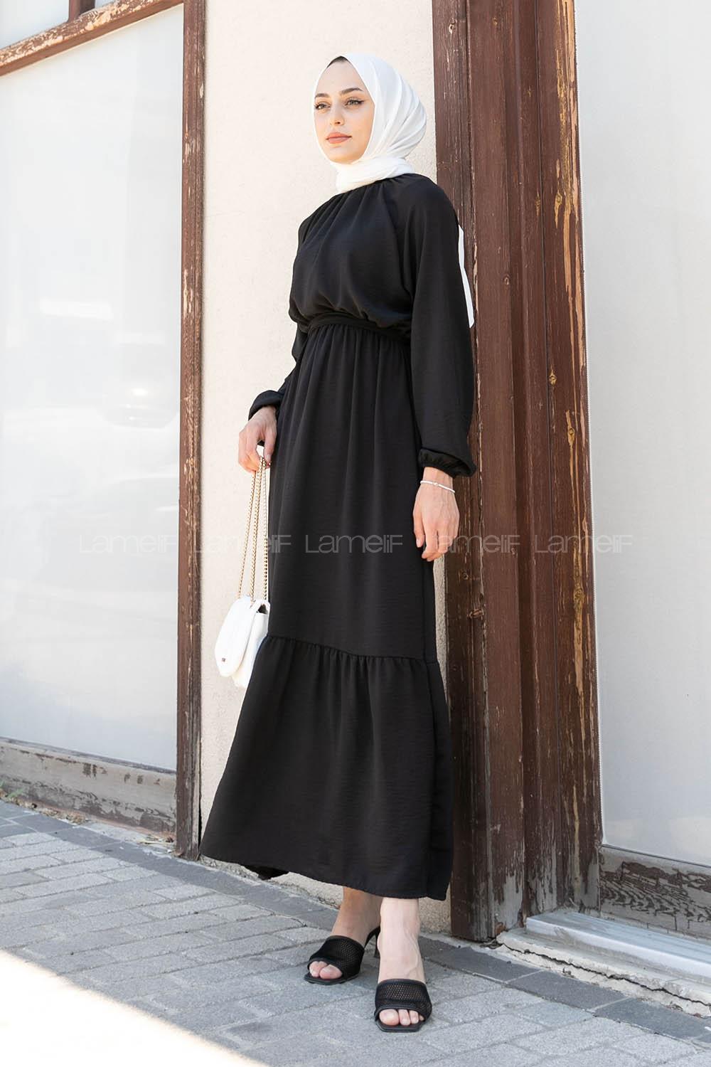 Black Foulard Neck Ayrobin Unprinted Dresess