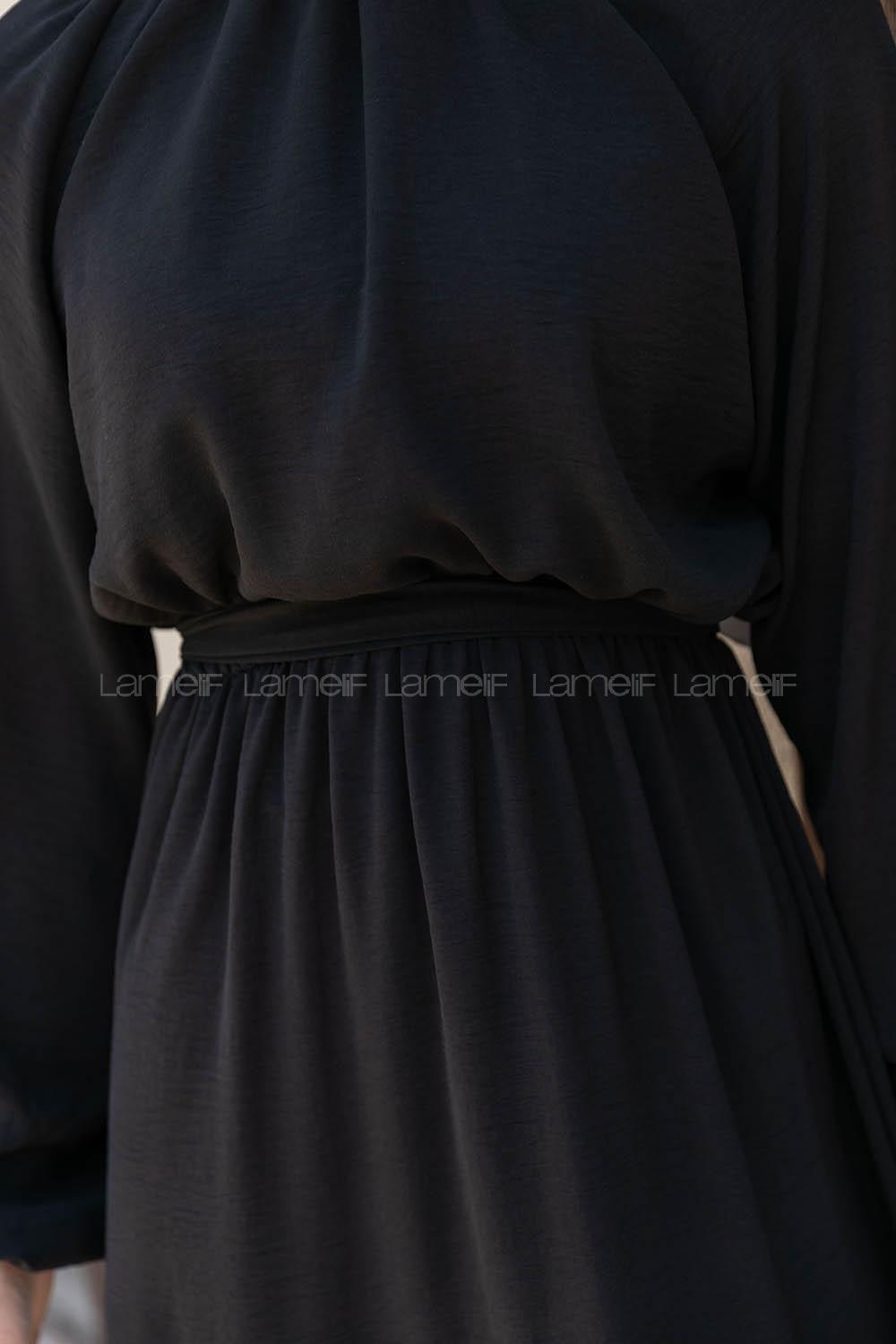 Black Foulard Neck Ayrobin Unprinted Dresess