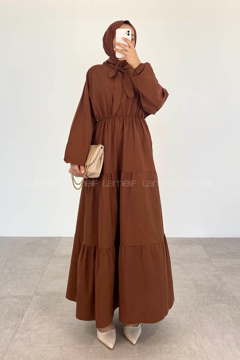 Brown Foulard Neck Cotton Unprinted Dresess