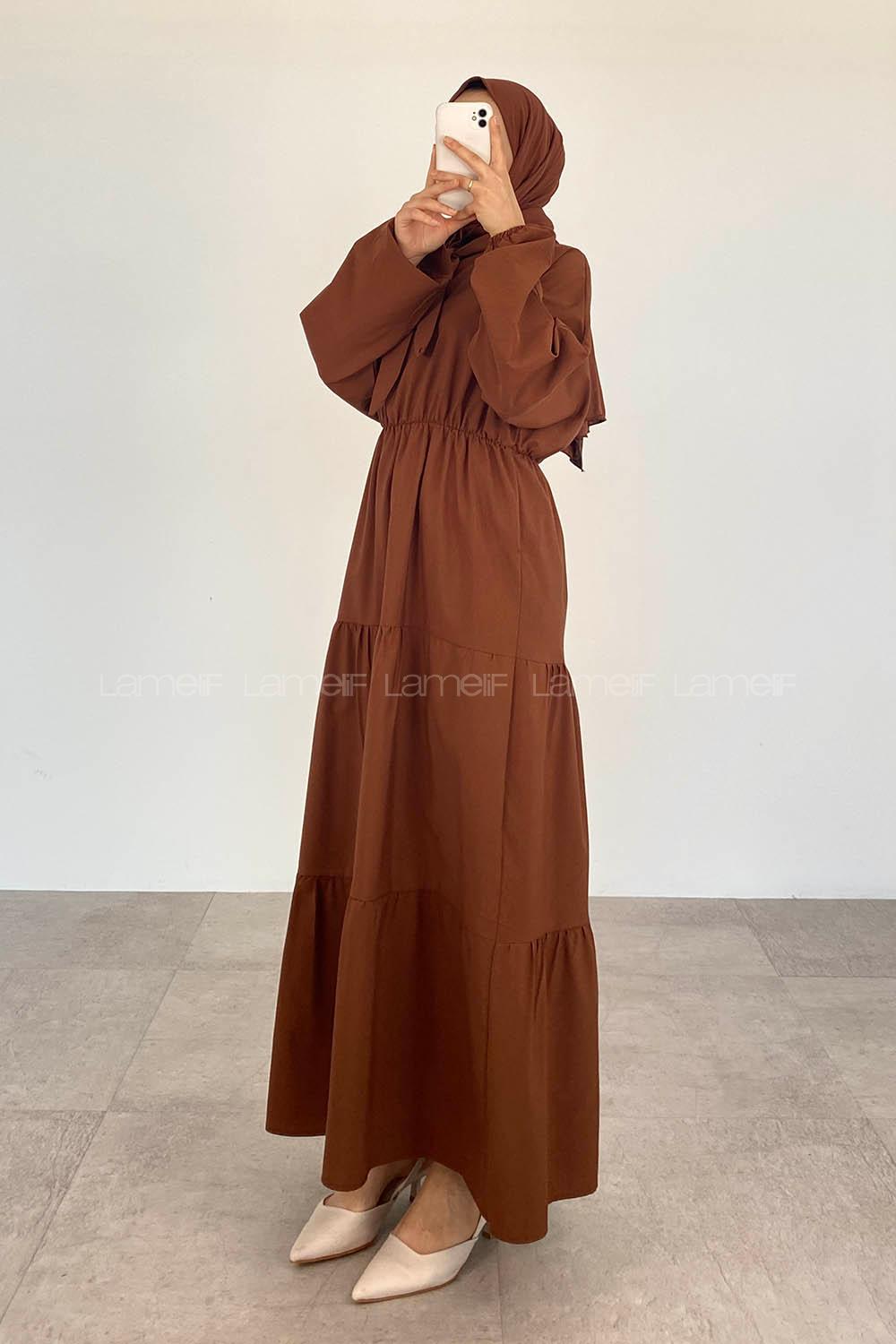 Brown Foulard Neck Cotton Unprinted Dresess