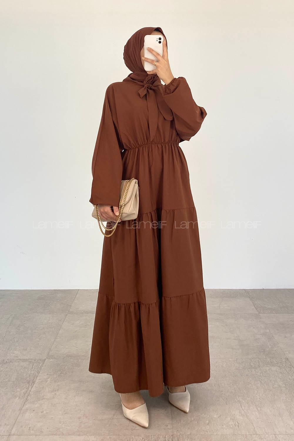 Brown Foulard Neck Cotton Unprinted Dresess