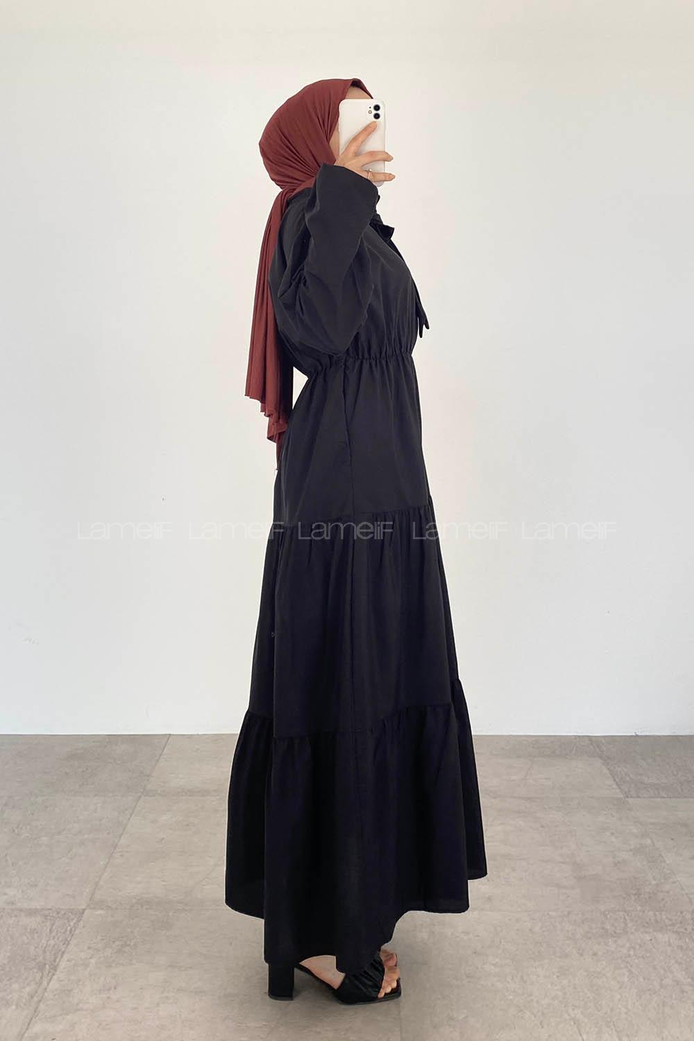 Black Foulard Neck Cotton Unprinted Dresess