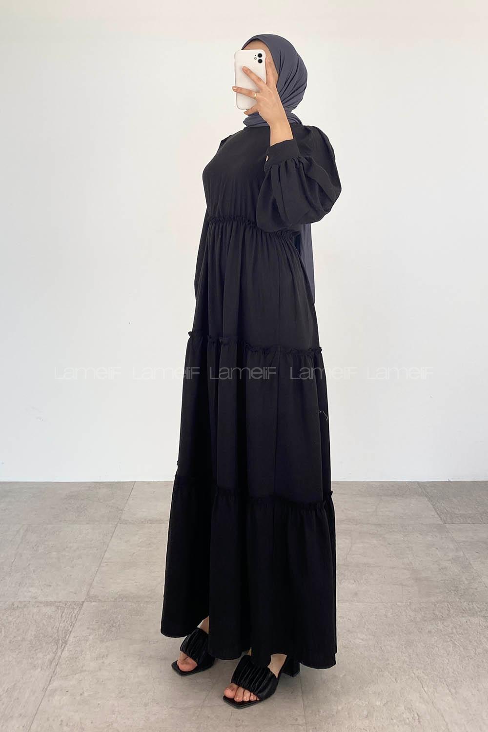 Black Crew Neck Cotton Unprinted Dresess