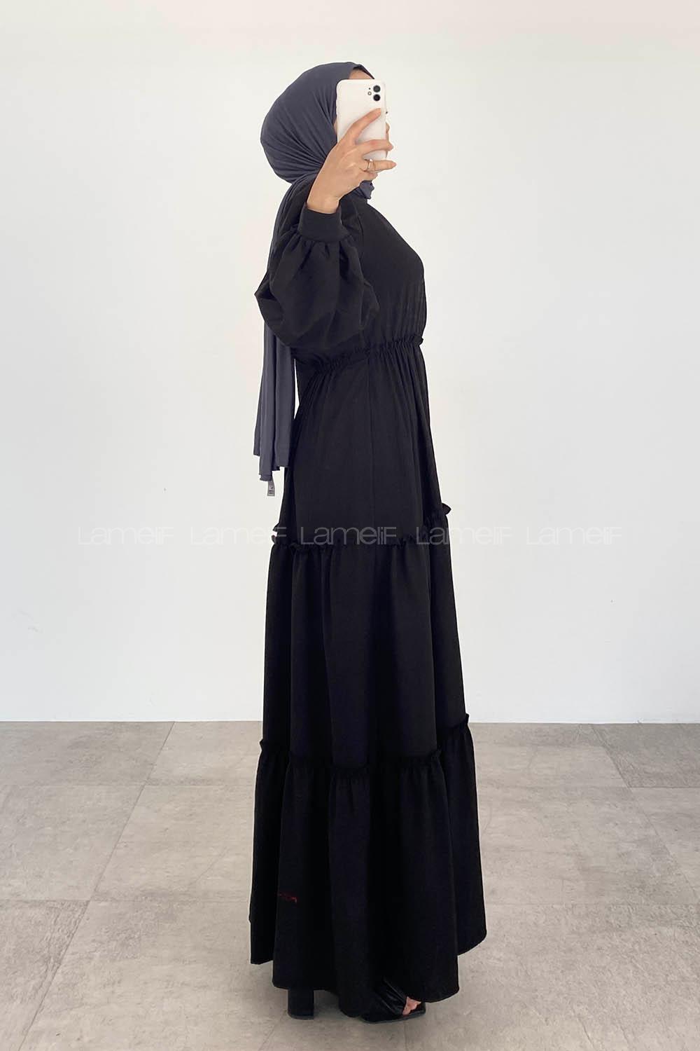 Black Crew Neck Cotton Unprinted Dresess