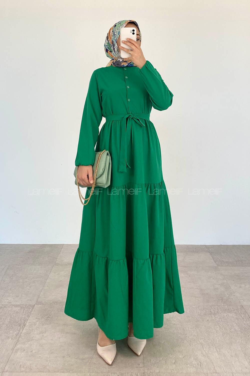 Green Crew Neck Cotton Unprinted Dresess