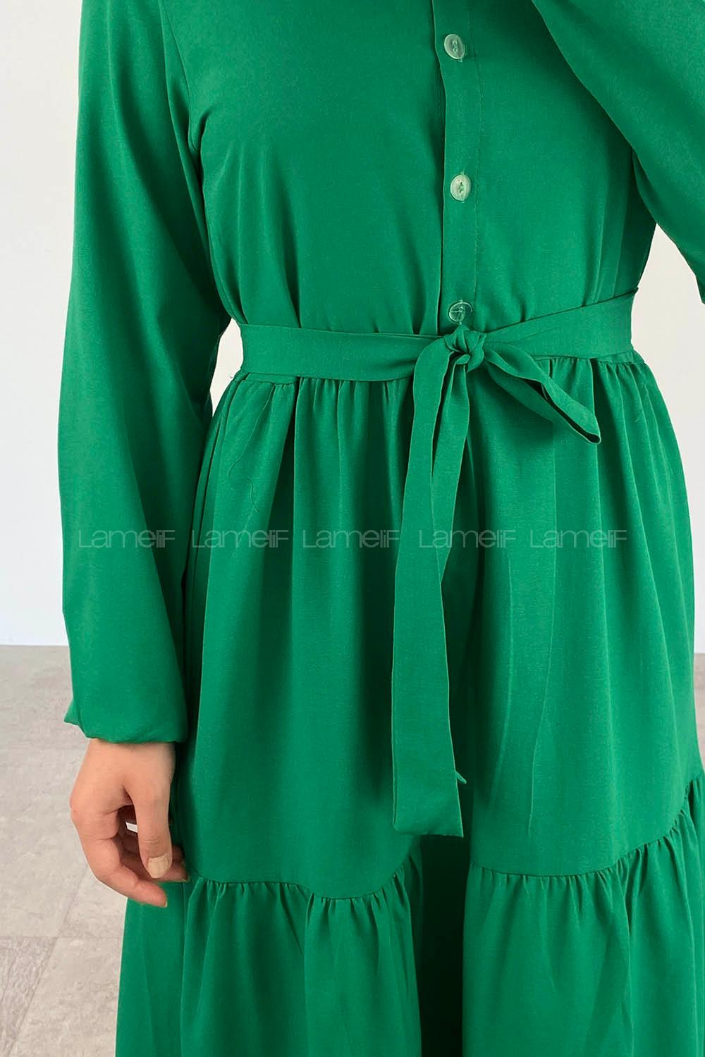 Green Crew Neck Cotton Unprinted Dresess