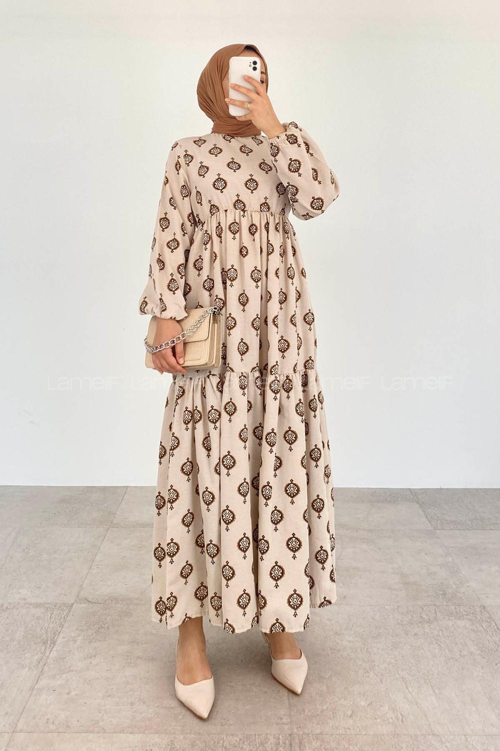Brown Crew Neck Linen Printed Dresess