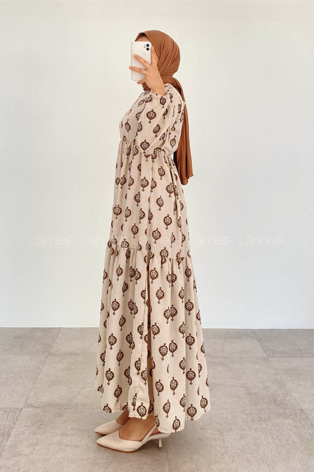 Brown Crew Neck Linen Printed Dresess