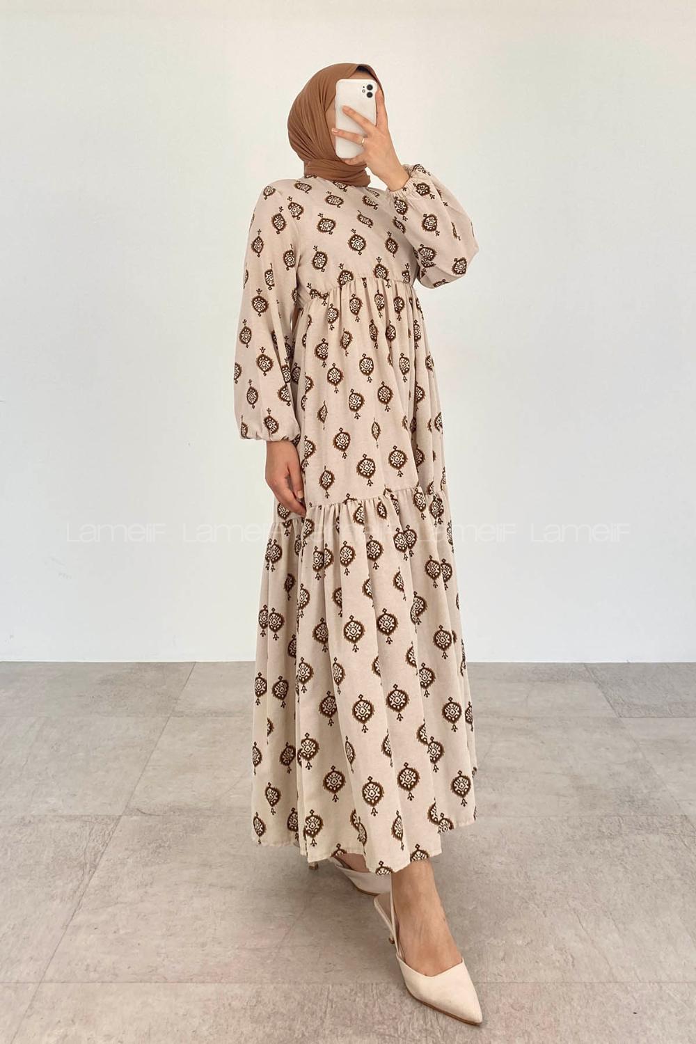 Brown Crew Neck Linen Printed Dresess