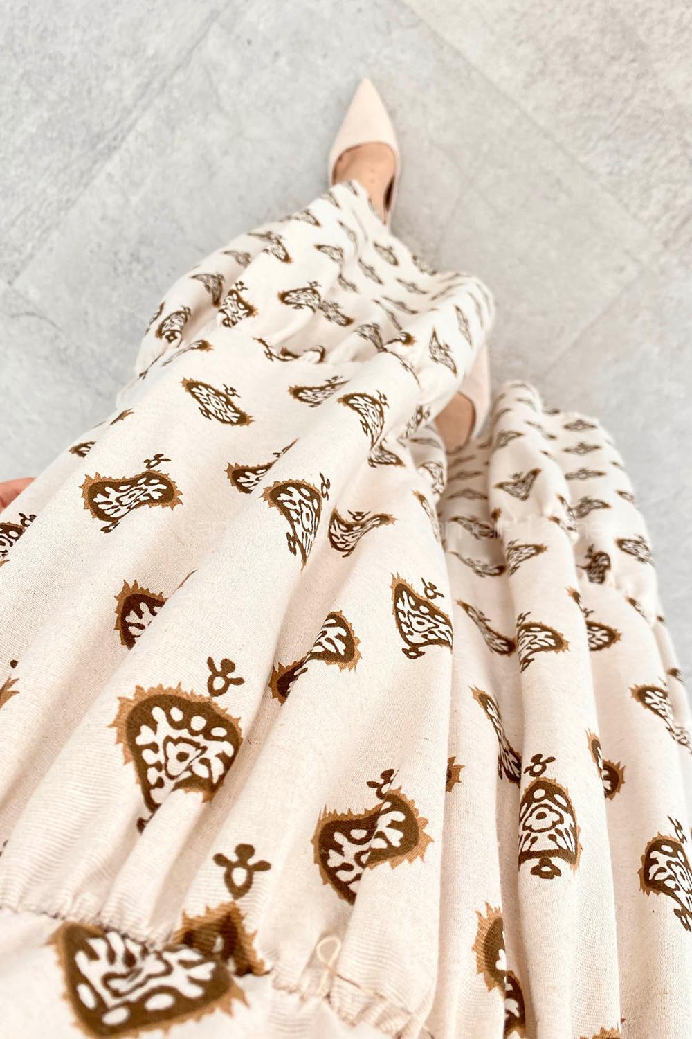 Brown Crew Neck Linen Printed Dresess