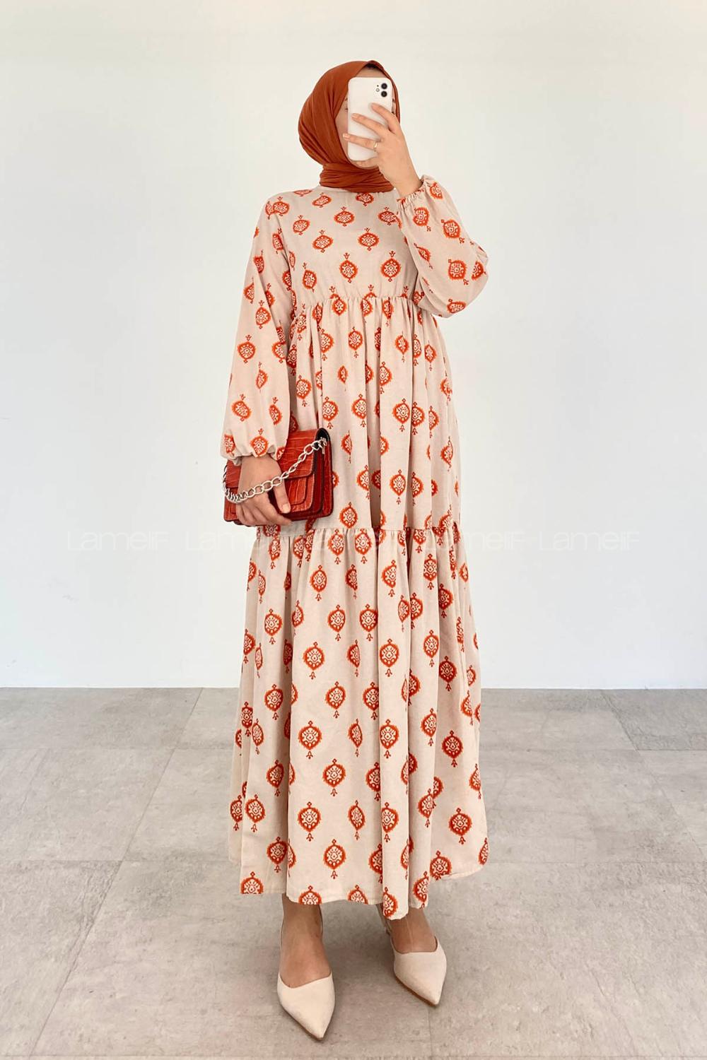 Orange Crew Neck Linen Printed Dresess