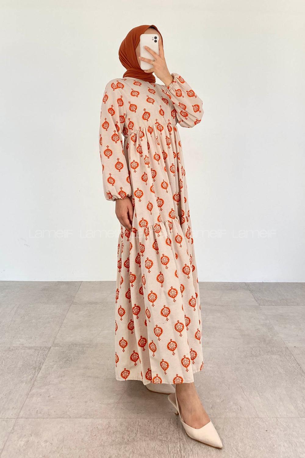 Orange Crew Neck Linen Printed Dresess
