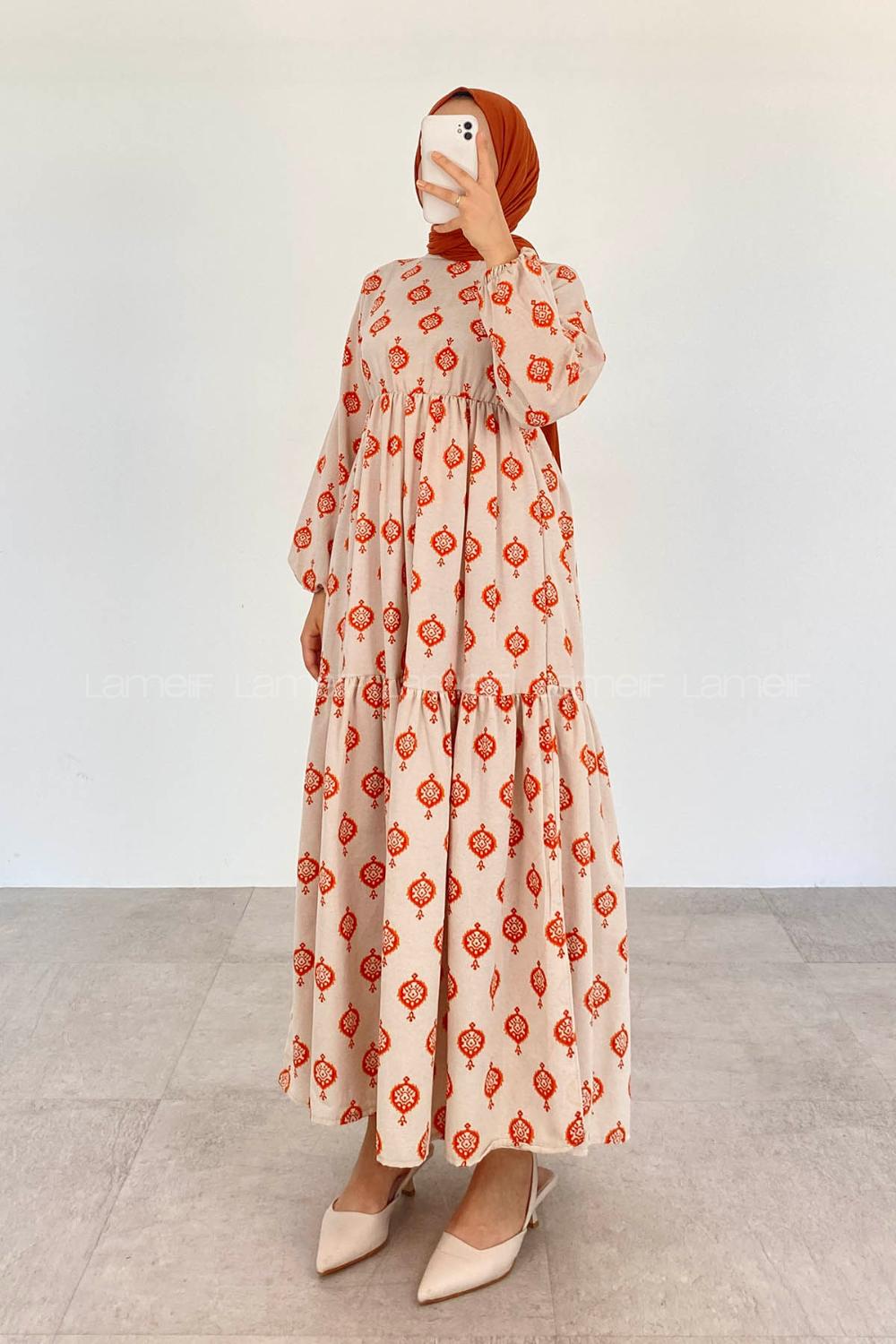 Orange Crew Neck Linen Printed Dresess