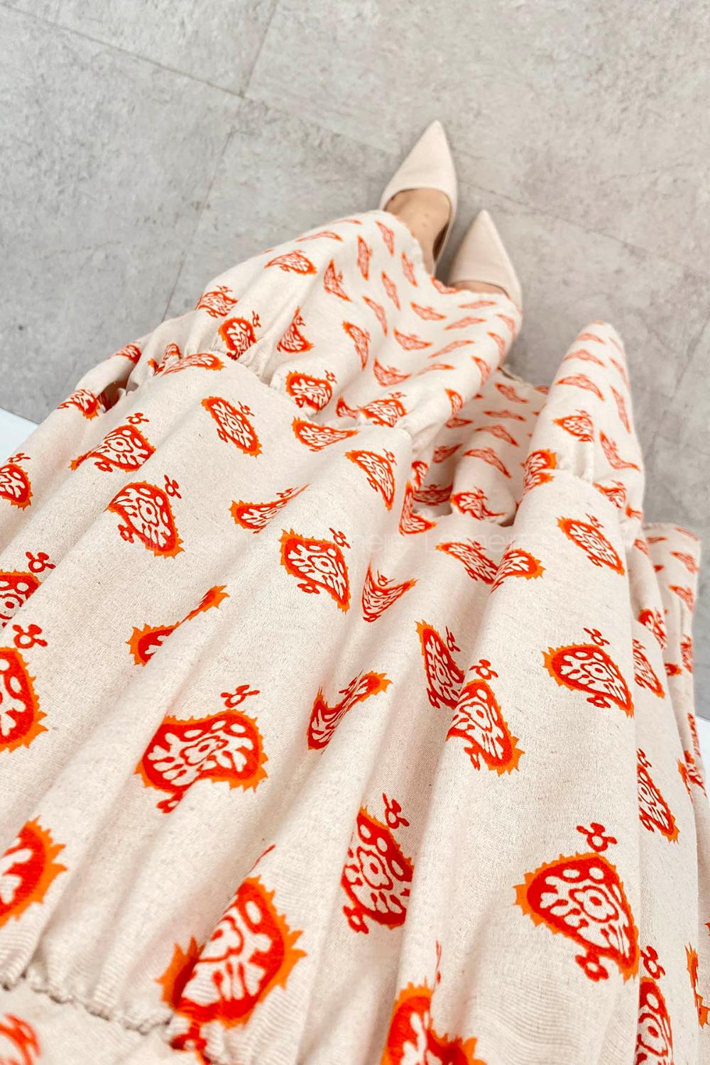 Orange Crew Neck Linen Printed Dresess