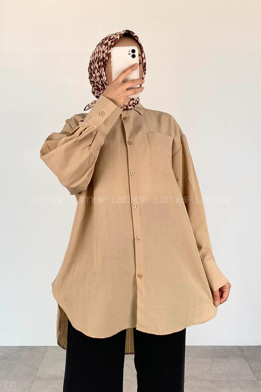 Beige Shirt Collar Long Arm Cotton Unprinted Shirt