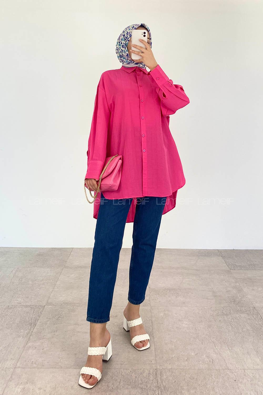 Fuchsia Shirt Collar Long Arm Cotton Unprinted Shirt