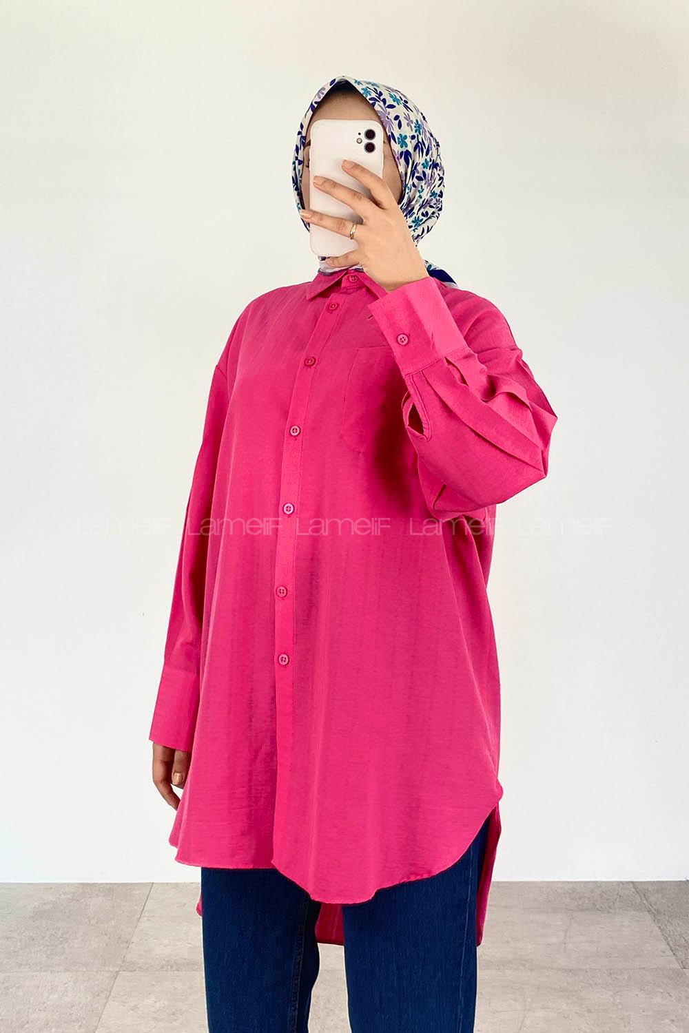 Fuchsia Shirt Collar Long Arm Cotton Unprinted Shirt
