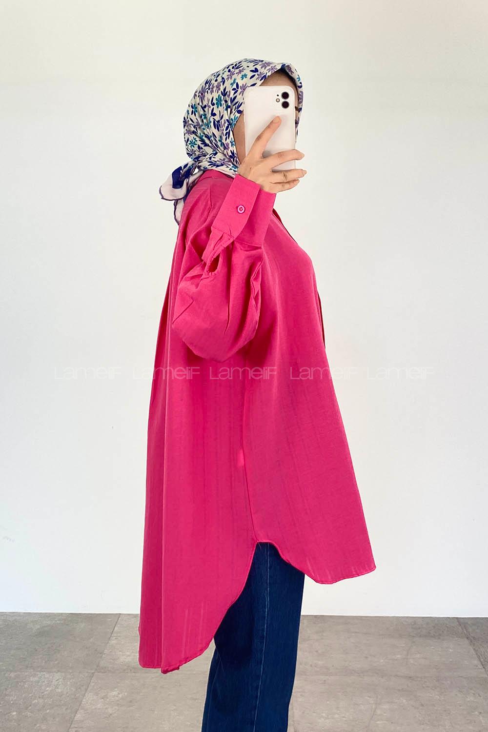 Fuchsia Shirt Collar Long Arm Cotton Unprinted Shirt