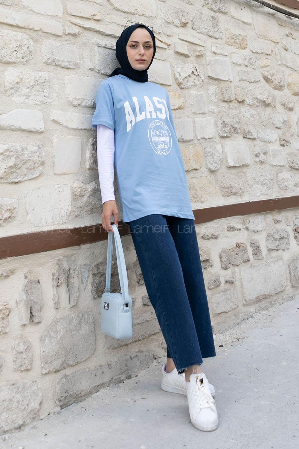 Light Blue Crew Neck Short Arm Cotton Printed T-shirt