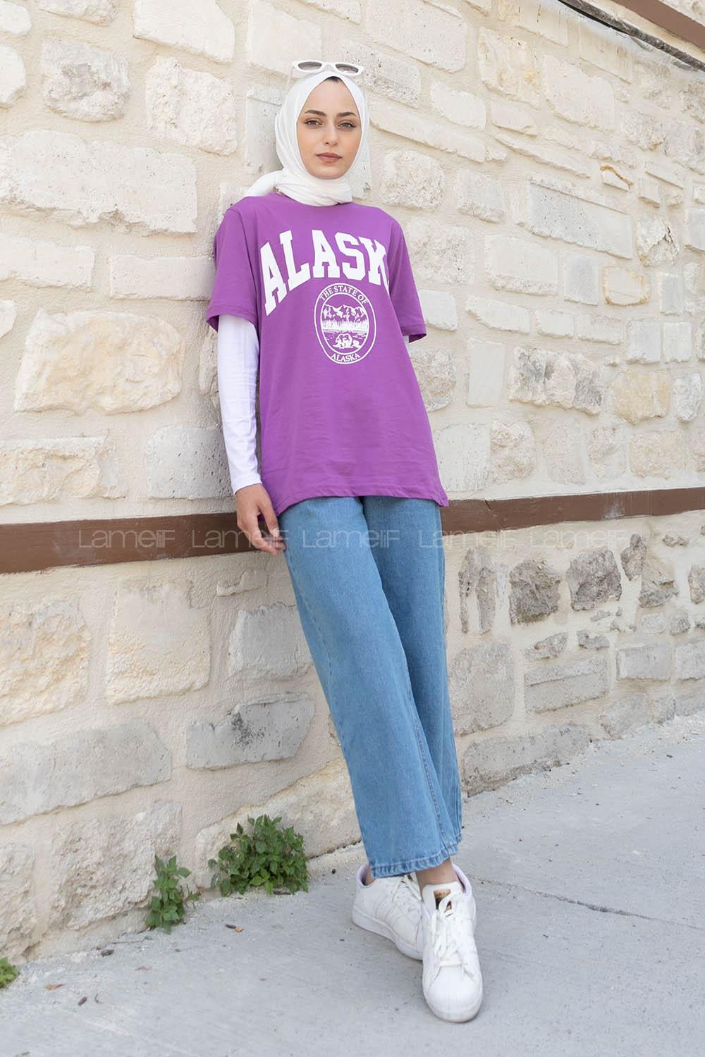 Purble Crew Neck Short Arm Cotton Printed T-shirt