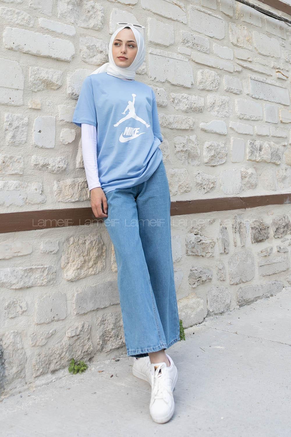 Light Blue Crew Neck Short Arm Cotton Printed T-shirt