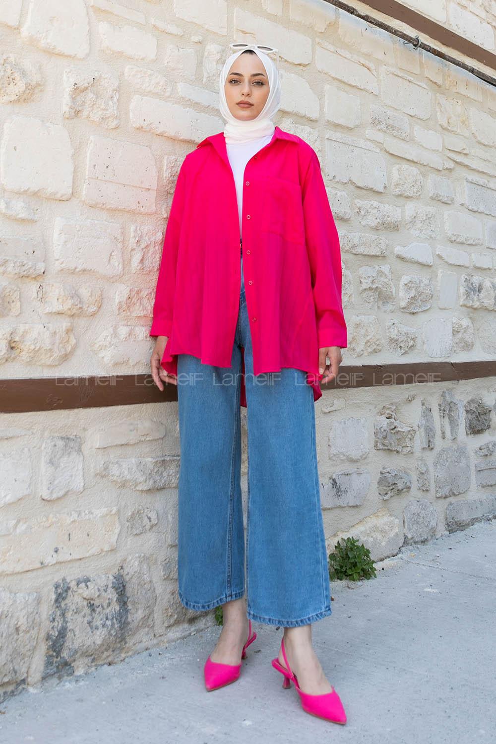 Fuchsia Shirt Collar Long Arm Cotton Unprinted Shirt