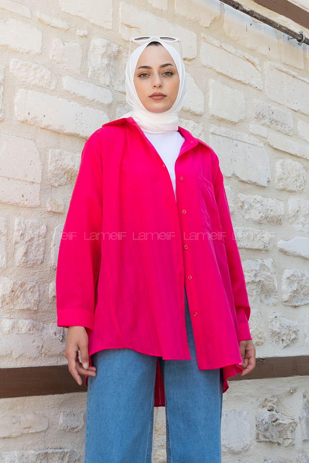 Fuchsia Shirt Collar Long Arm Cotton Unprinted Shirt