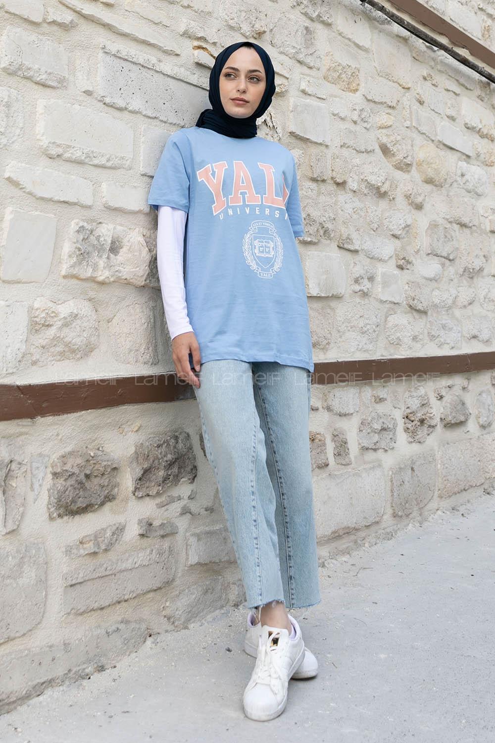 Light Blue Crew Neck Short Arm Cotton Printed T-shirt