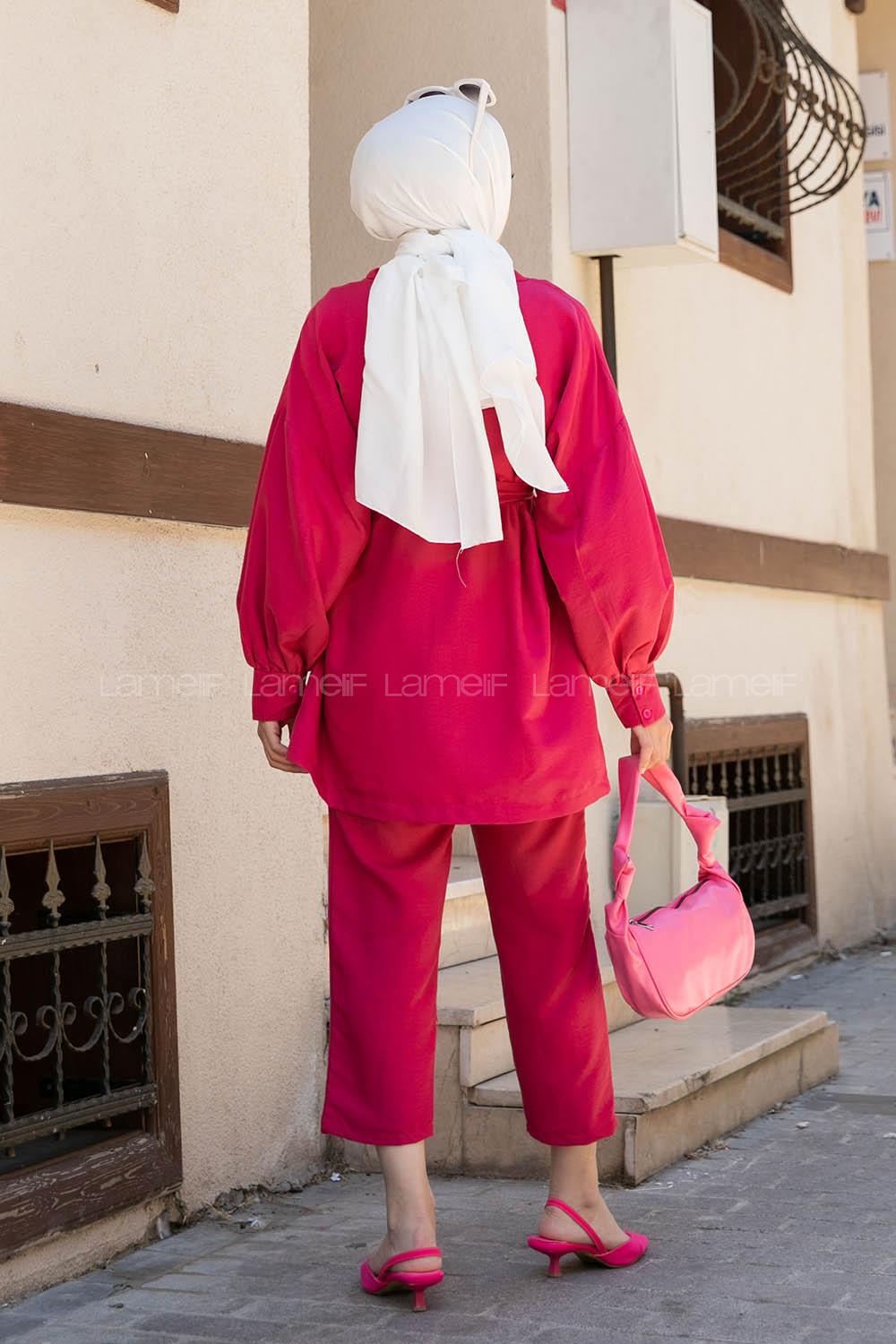 Fuchsia Scarf Neck Balloon Sleeve Arm Belted Cotton Regular Trousers Comfortable Suit