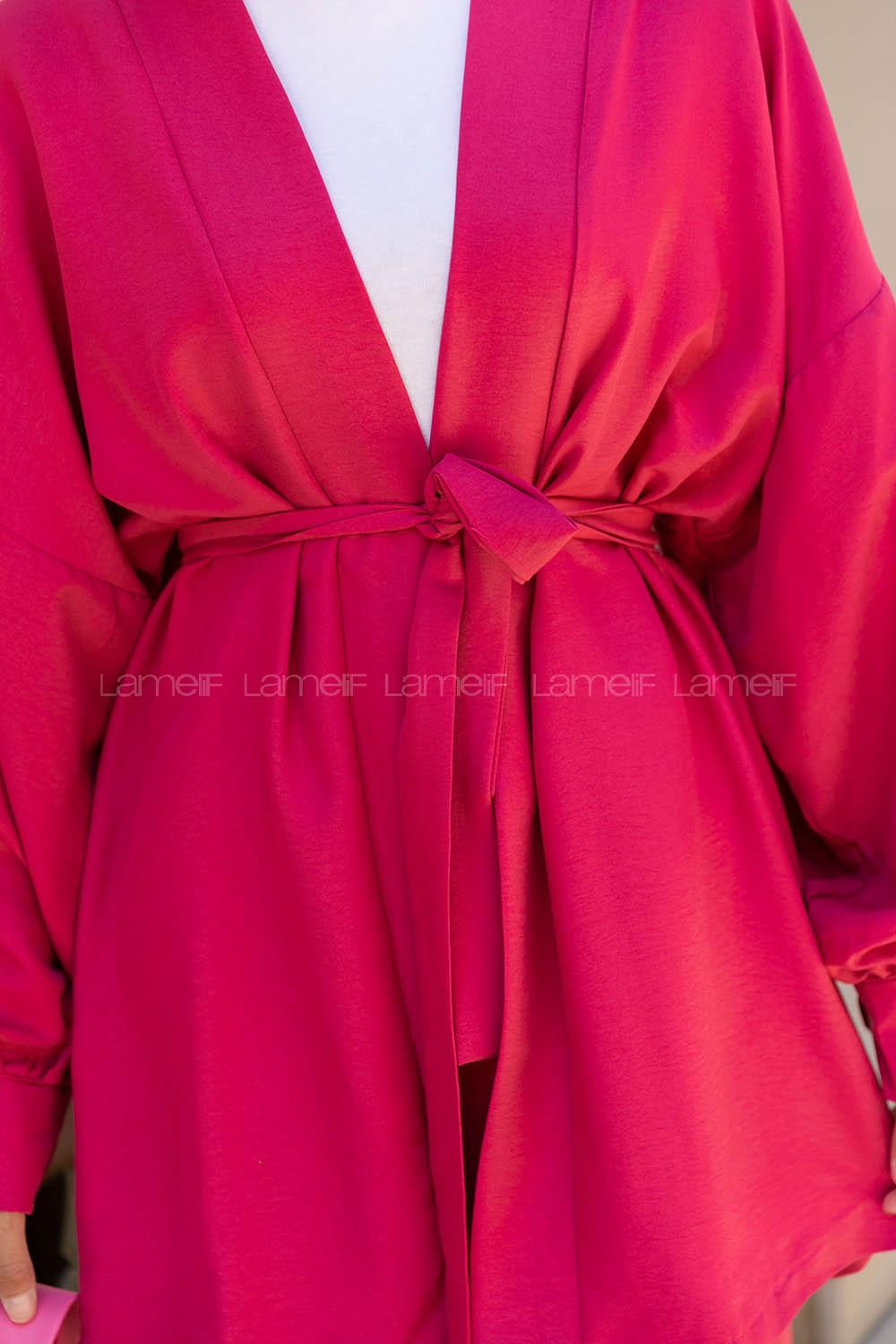 Fuchsia Scarf Neck Balloon Sleeve Arm Belted Cotton Regular Trousers Comfortable Suit
