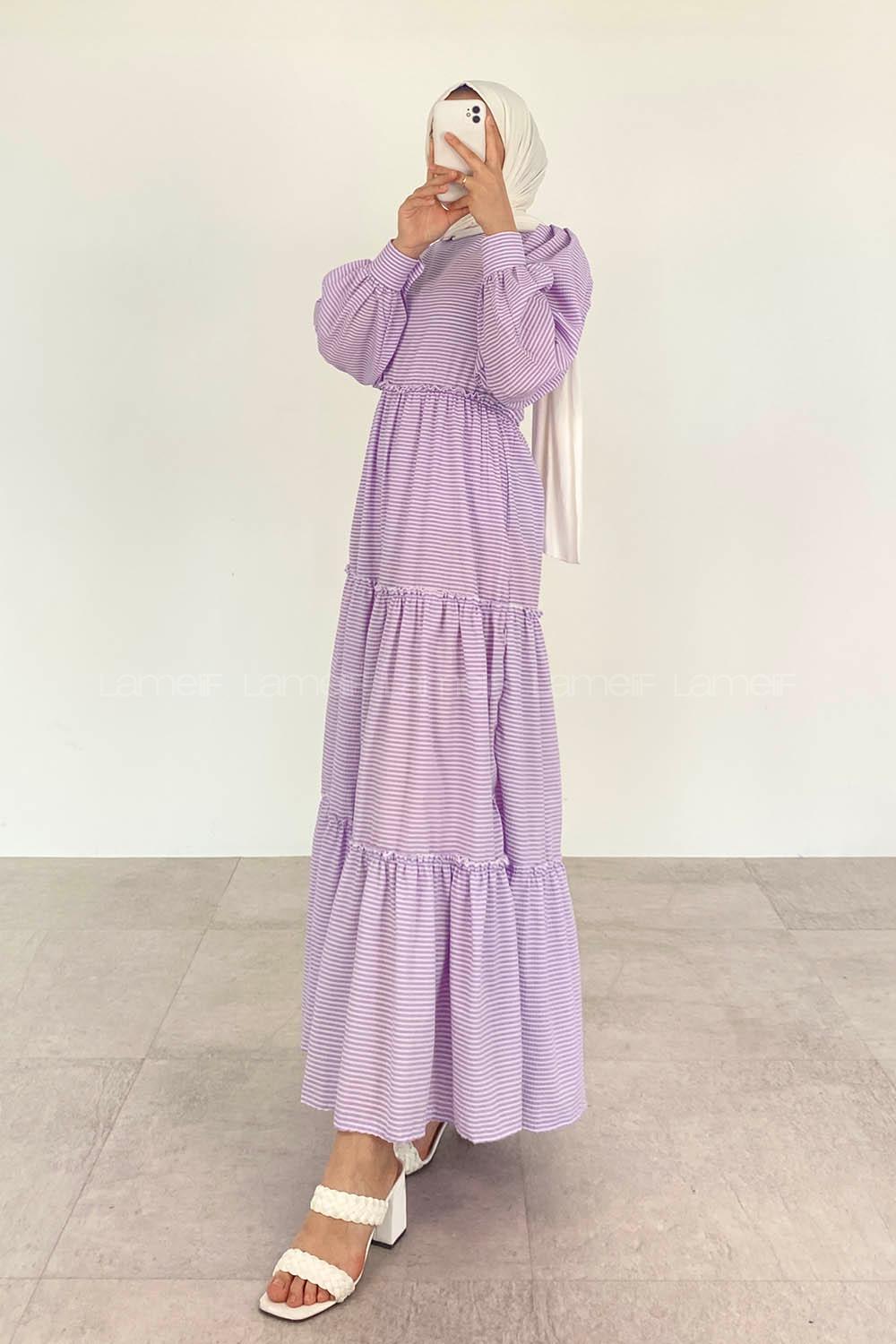 Lilac Crew Neck Cotton Fabric Printed Dresess