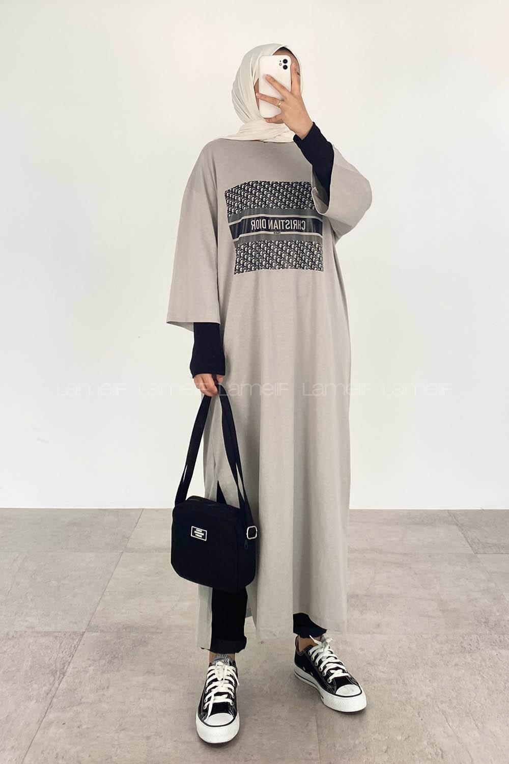 Light Grey Crew Neck Cotton Printed Tunic