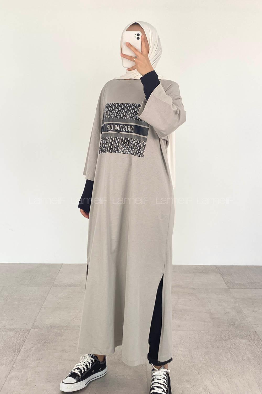 Light Grey Crew Neck Cotton Printed Tunic