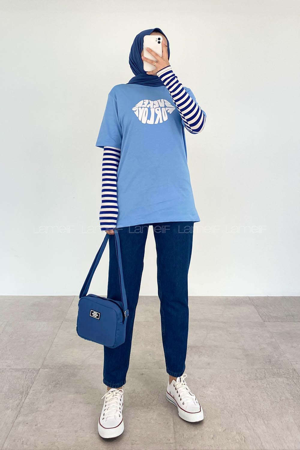 Baby Blue Crew Neck Short Arm Cotton Printed T-shirt