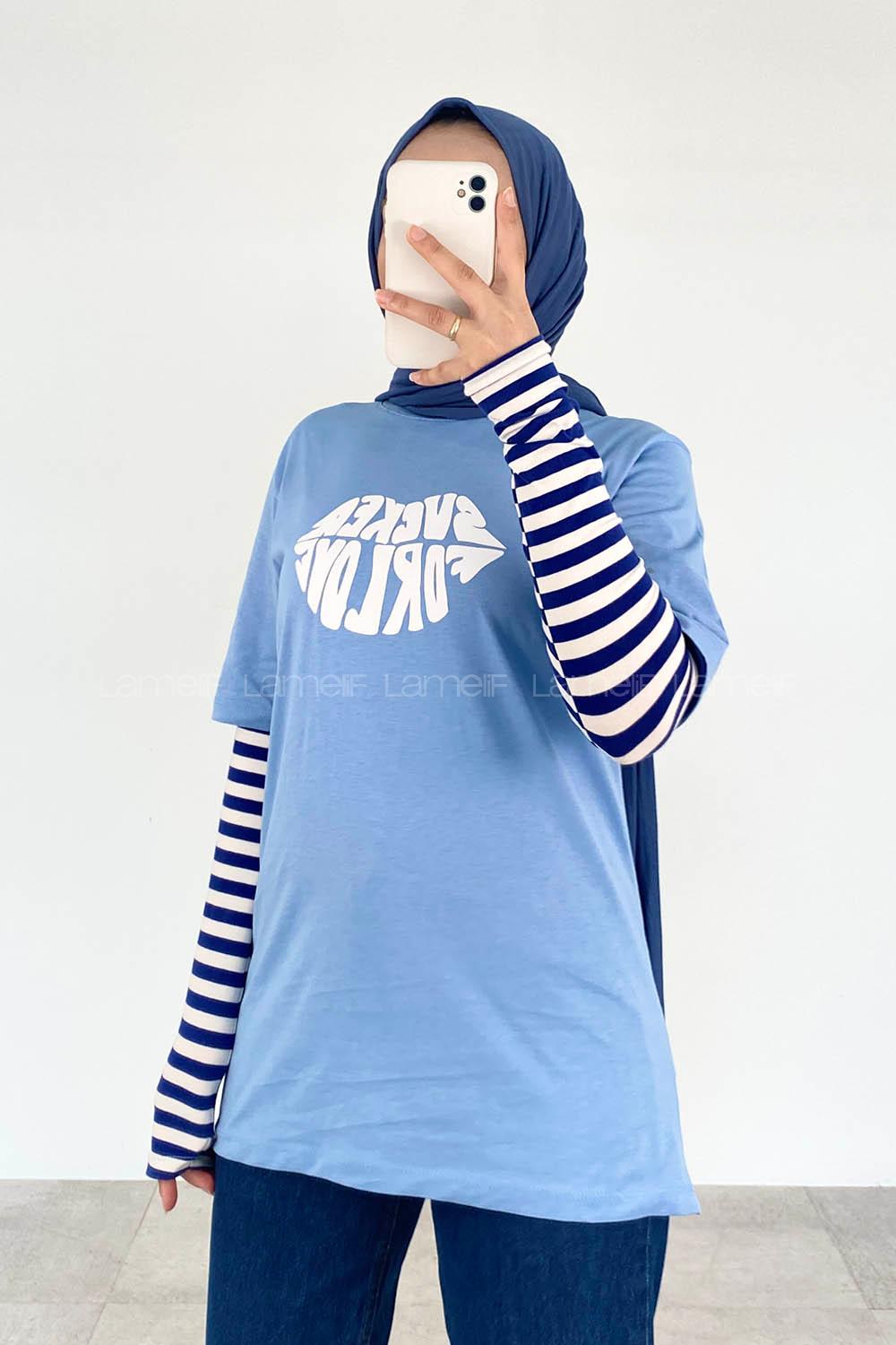 Baby Blue Crew Neck Short Arm Cotton Printed T-shirt