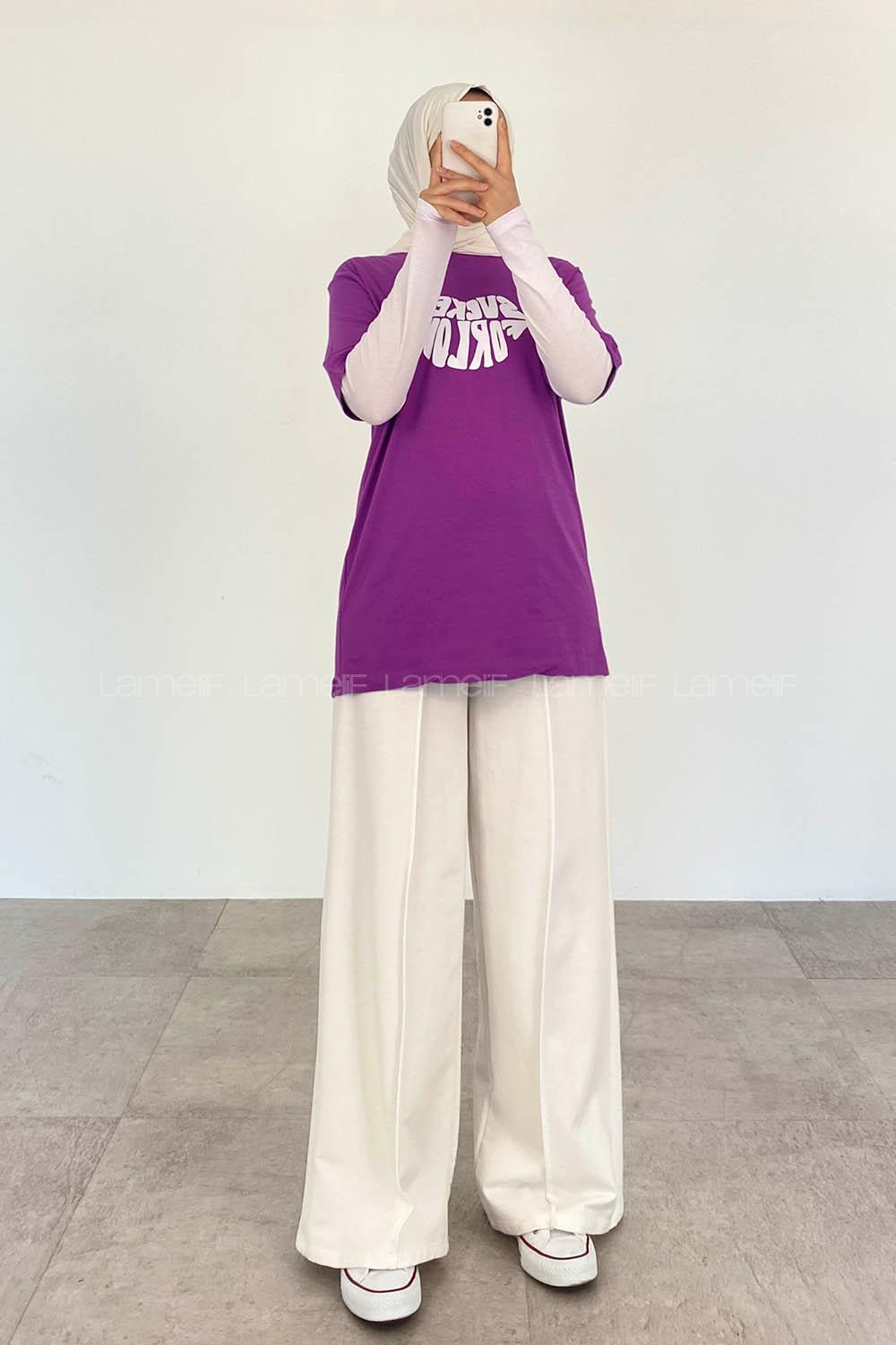 Purble Crew Neck Short Arm Cotton Printed T-shirt