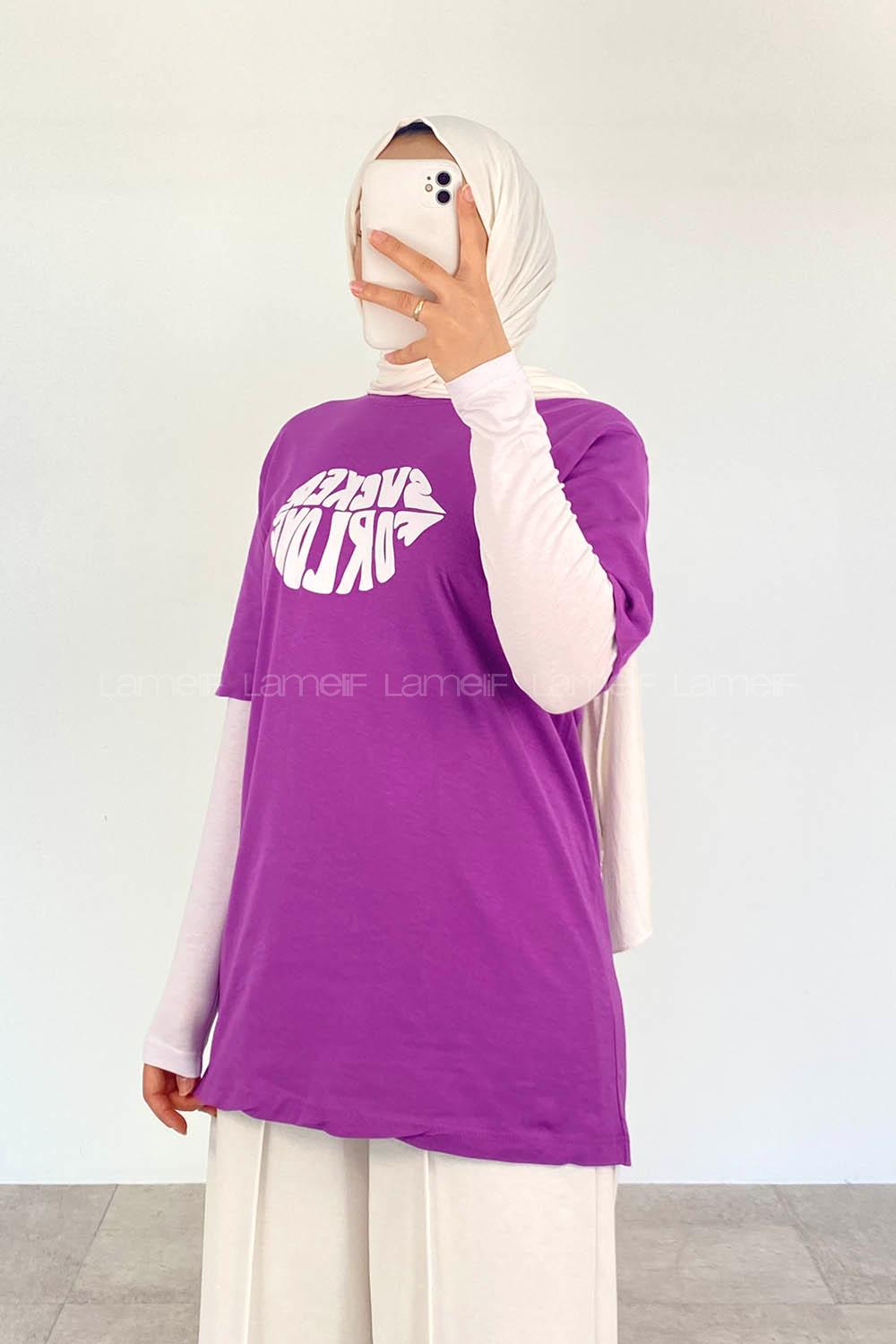 Purble Crew Neck Short Arm Cotton Printed T-shirt