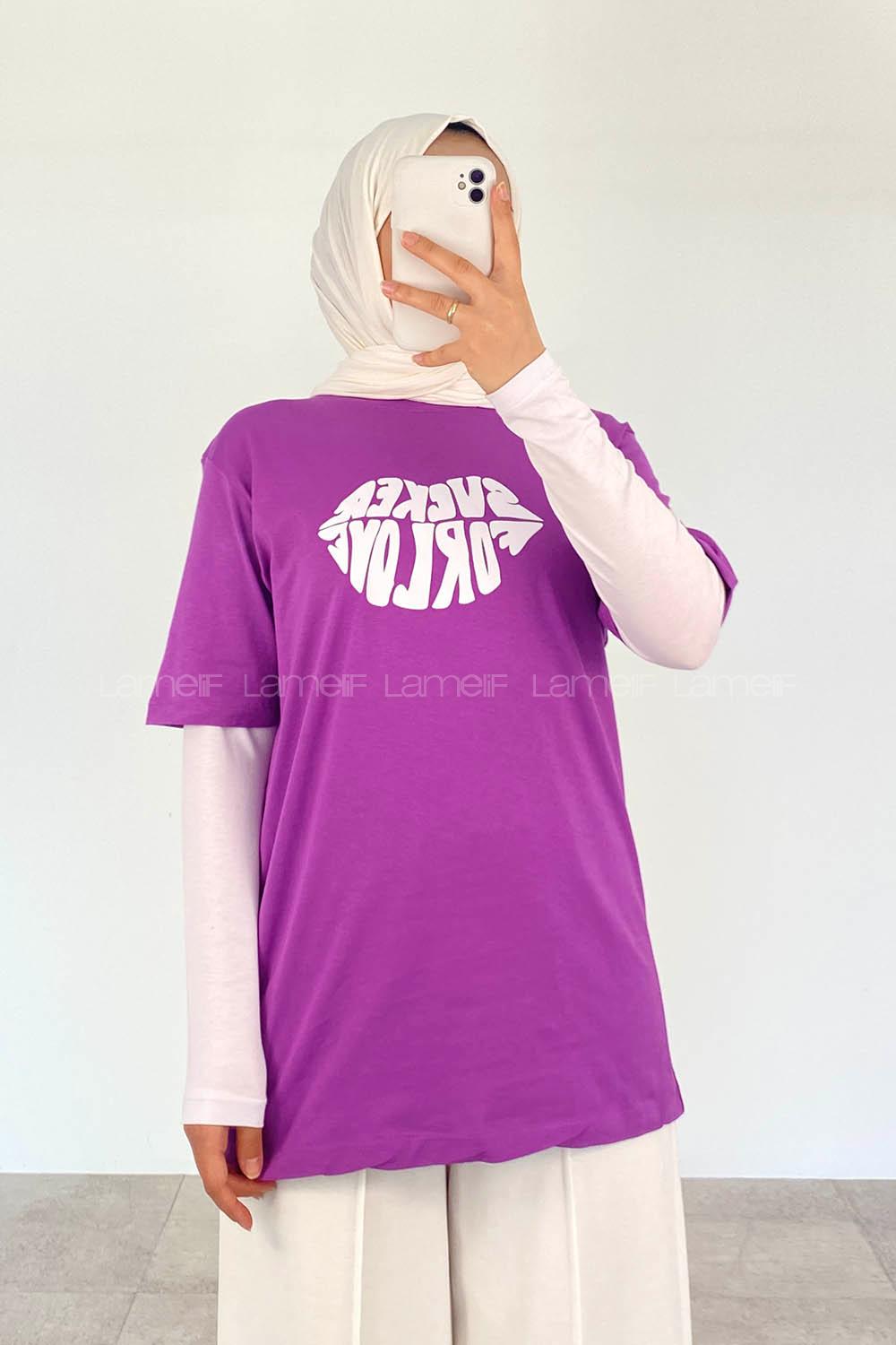 Purble Crew Neck Short Arm Cotton Printed T-shirt