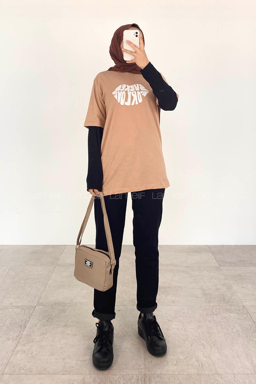 Brown With Milk Crew Neck Short Arm Cotton Printed T-shirt